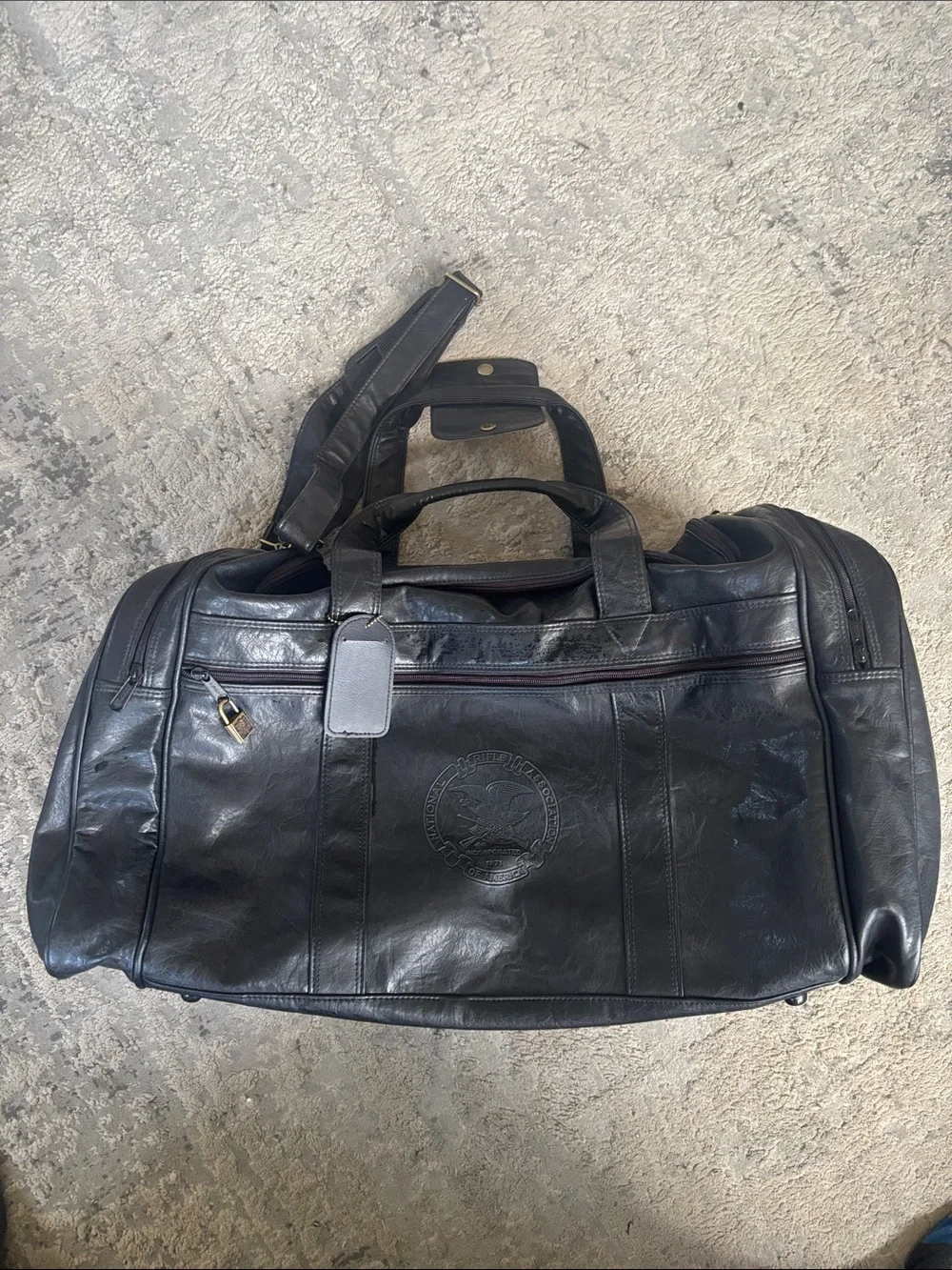 VINTAGE 90s NRA Black Leather Weekender Duffel Bag RARE